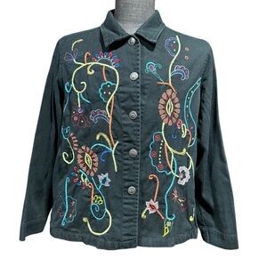Embroidered Multicolor Black Jean Jacket Sz: Large Cotton Boho Folk Artsy Floral